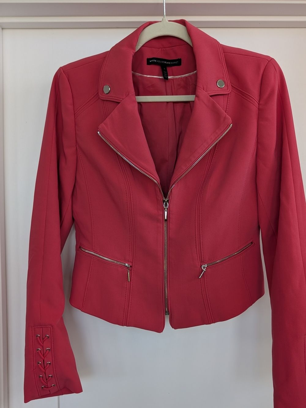 White House Black Market Moto Jacket Size 6 Hot Pink Silver Zip Lace-Up
